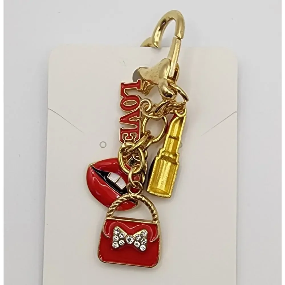 Red Enamel Bag Charm Keychain Lips Handbag Lipstick Love Rhinestones